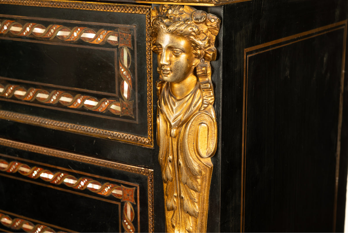 Antique French Napoleon III Mother-Of-Pearl Inlaid Ormolu Marble Top Secretaire Desk Chest 1860