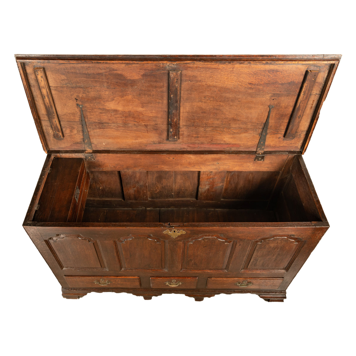 Antique Early Georgian Large 4 Panel 3 Drawer Hinged Top Mule Chest Coffer 1740