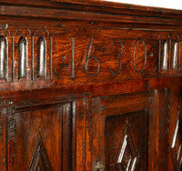 Antique English 17th Century Jacobean Charles I Carved Oak Court Cupboard Cabinet 1630
