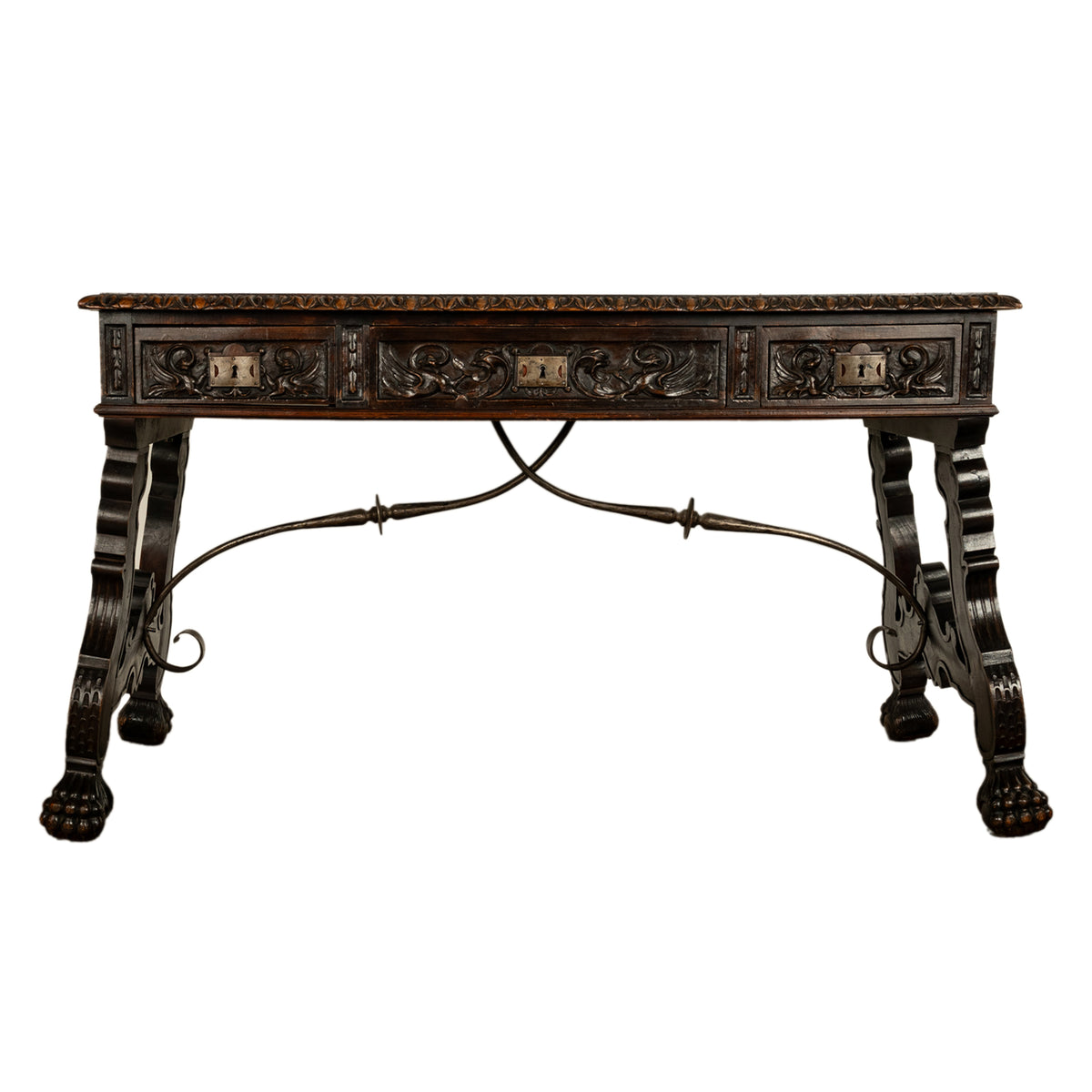 Antique Spanish Baroque Hand-Carved Walnut & Iron Trestle Desk & Chair 1860