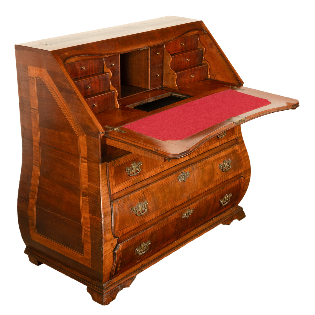 Antique Dutch Rococo Inlaid Marquetry Walnut Bombe Secretary Desk Bureau 1780