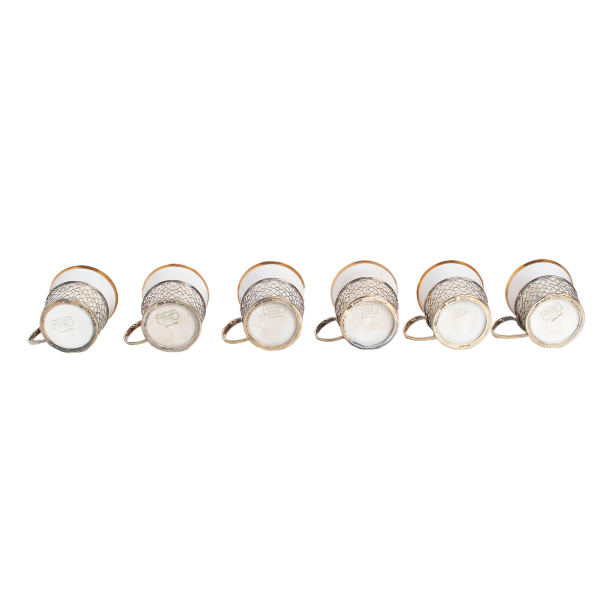 Antique Set of 6 Shelley China Demitasse Cups Saucers Sterling Silver Mappin Webb Birmingham 1919