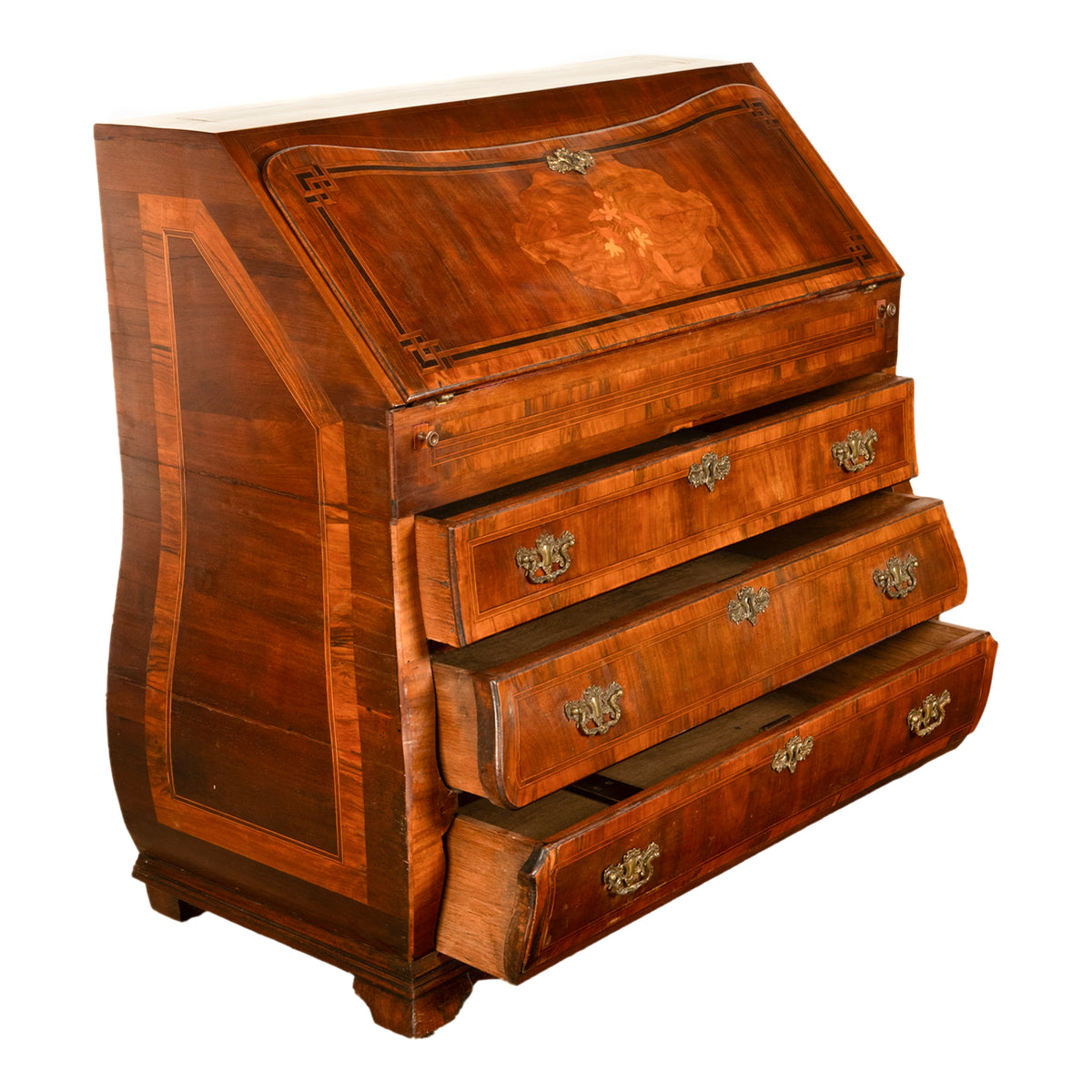 Antique Dutch Rococo Inlaid Marquetry Walnut Bombe Secretary Desk Bureau 1780