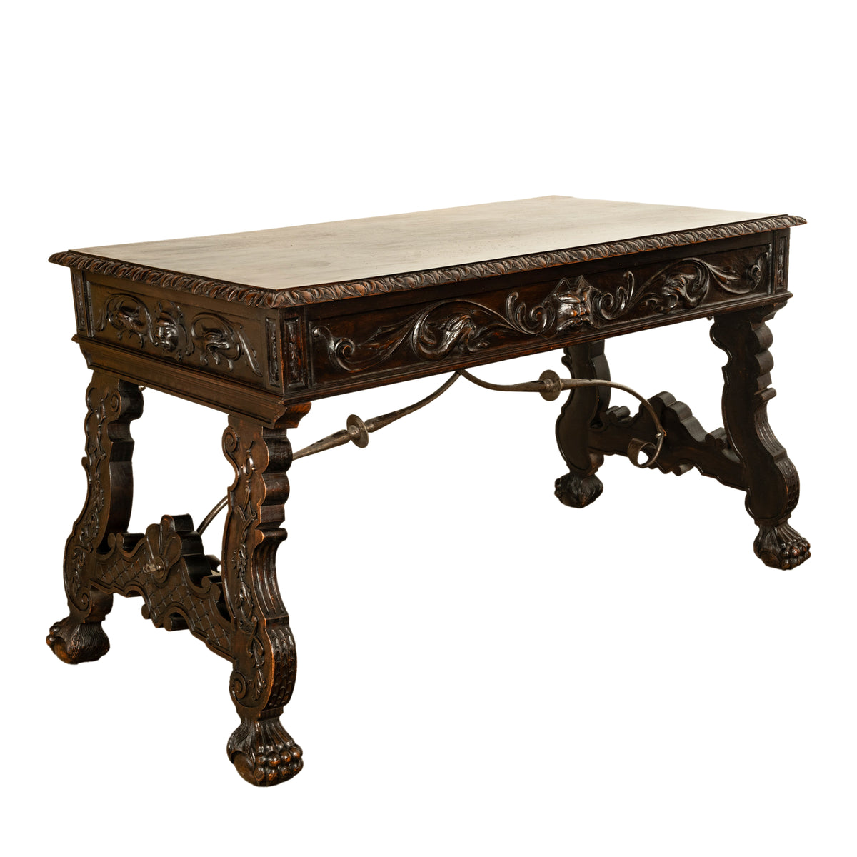 Antique Spanish Baroque Hand-Carved Walnut & Iron Trestle Desk & Chair 1860