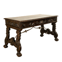 Antique Spanish Baroque Hand-Carved Walnut & Iron Trestle Desk & Chair 1860