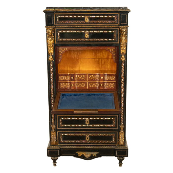 Antique French Napoleon III Mother-Of-Pearl Inlaid Ormolu Marble Top Secretaire Desk Chest 1860