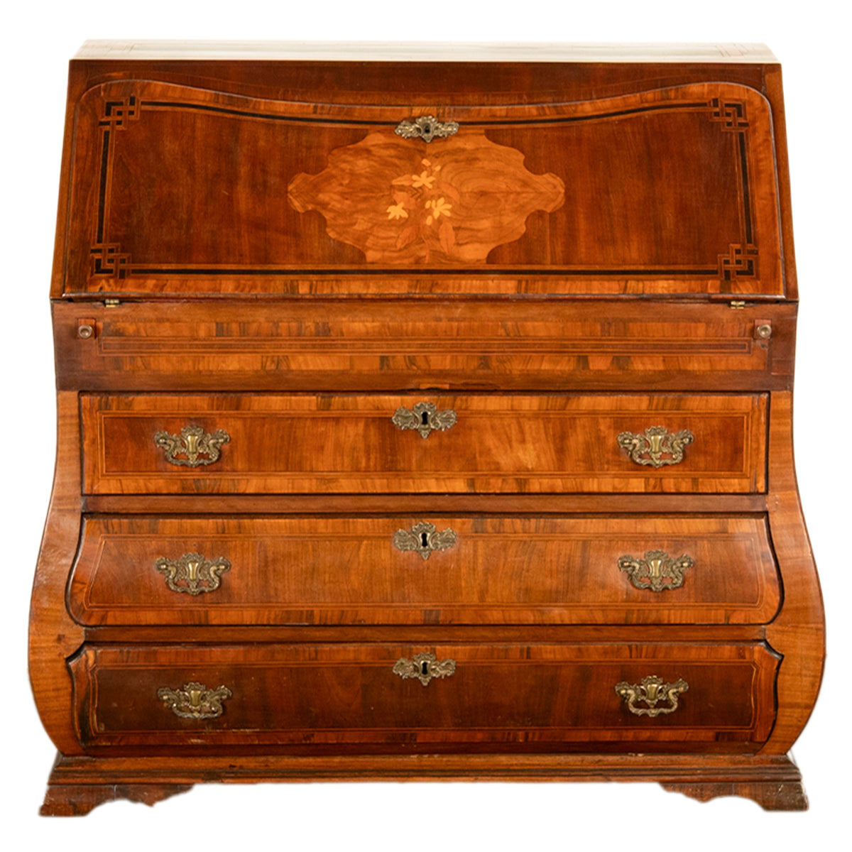 Antique Dutch Rococo Inlaid Marquetry Walnut Bombe Secretary Desk Bureau 1780