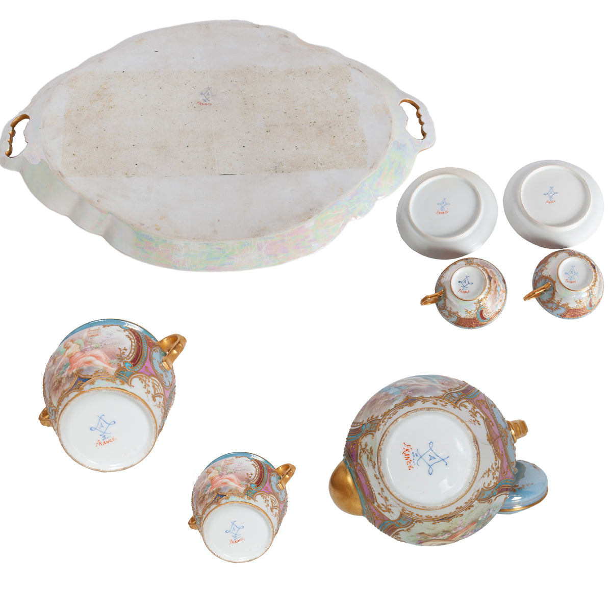 Antique French Sevres Handpainted & Gilded Porcelain Neoclassical 8 Piece Tete-a-Tete Tea Set 1900