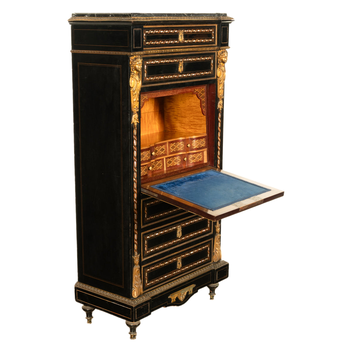 Antique French Napoleon III Mother-Of-Pearl Inlaid Ormolu Marble Top Secretaire Desk Chest 1860