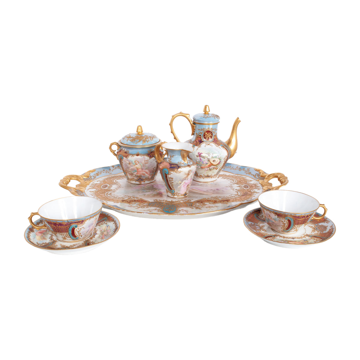 Antique French Sevres Handpainted & Gilded Porcelain Neoclassical 8 Piece Tete-a-Tete Tea Set 1900