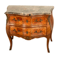 Antique French Louis XV Marble Top Ormolu Bombe Shape Inlaid Tulip-Wood Commode 1900
