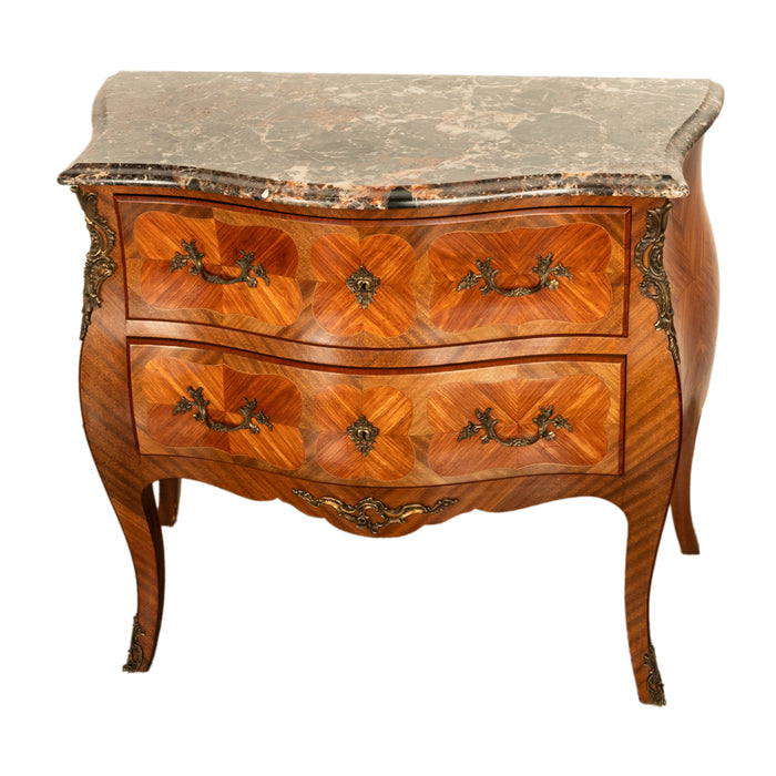 Antique French Louis XV Marble Top Ormolu Bombe Shape Inlaid Tulip-Wood Commode 1900