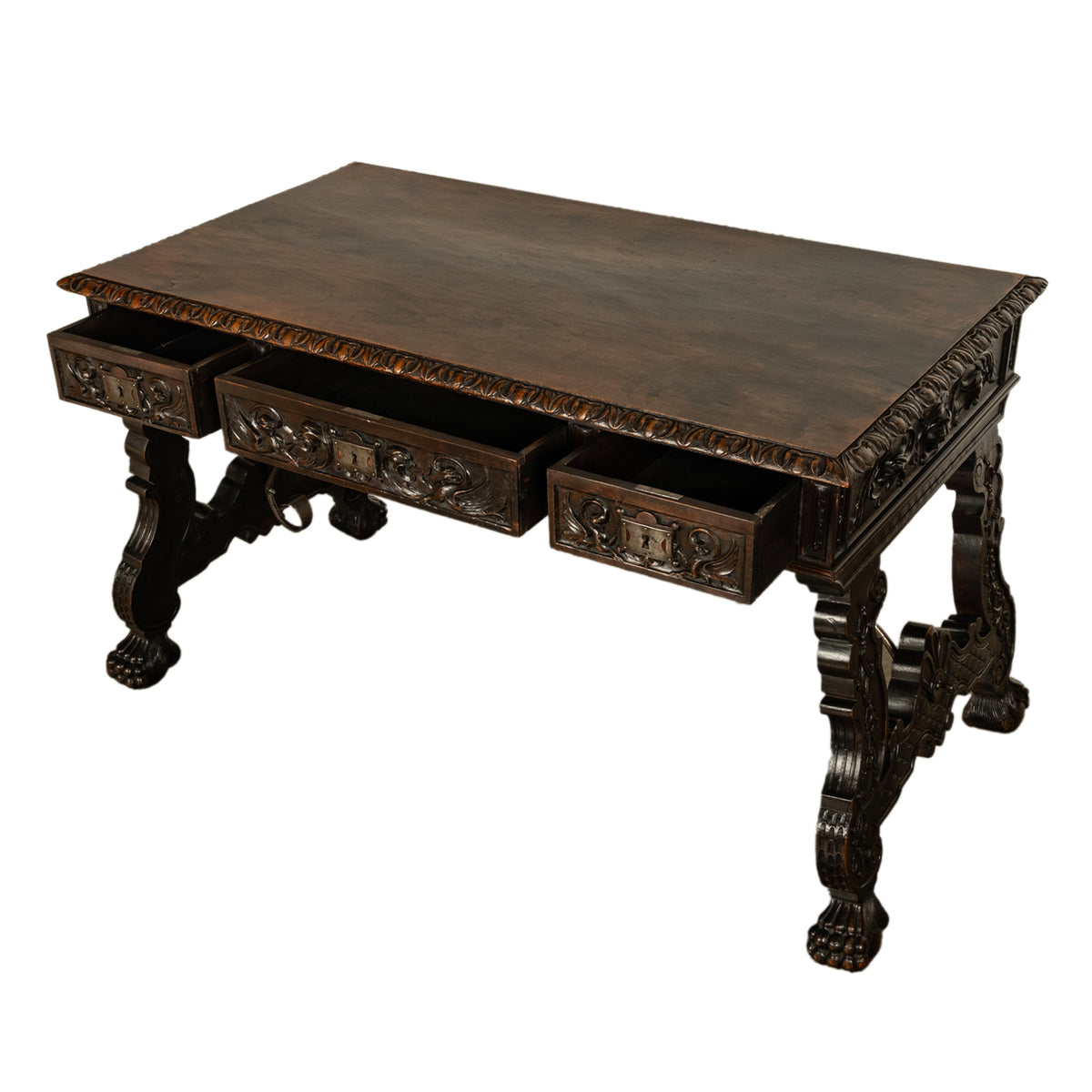 Antique Spanish Baroque Hand-Carved Walnut & Iron Trestle Desk & Chair 1860