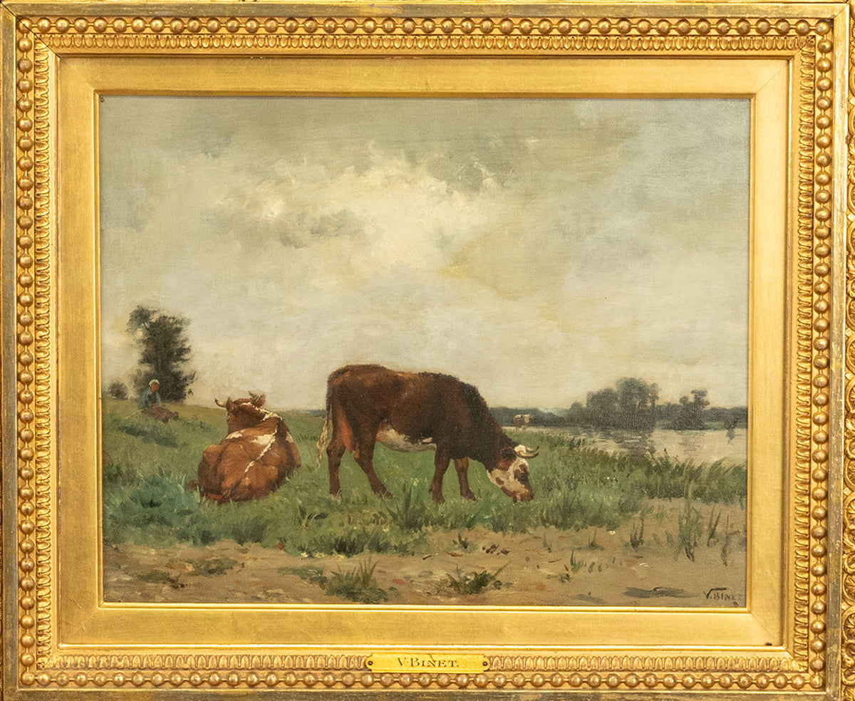 Antique French Oil on Canvas Painting Barbizon School Landscape Cows by Victor Jean Binet 1875