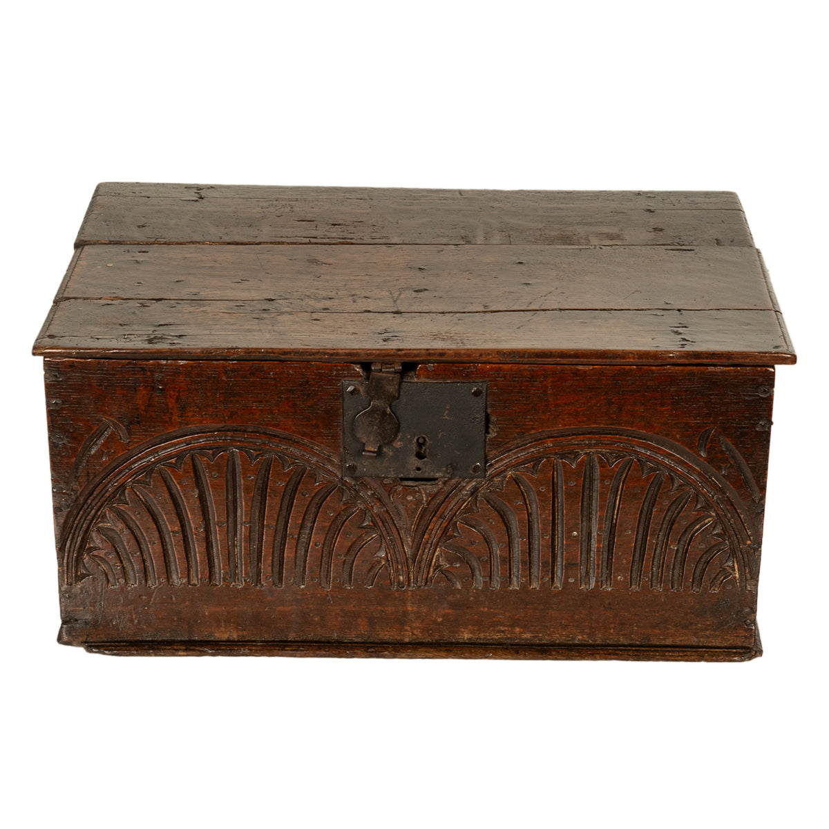 Antique 17th Century Charles II Carved Oak Bible Document Box 6 Plank Trunk 1680