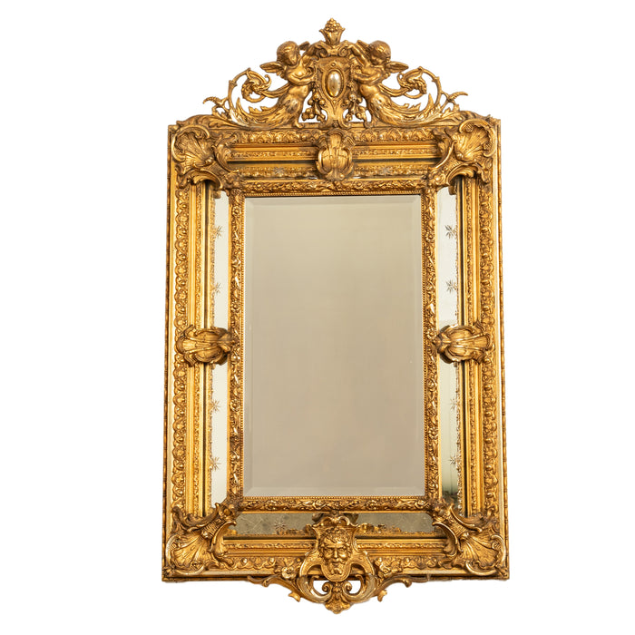 Antique French Giltwood Neoclassical Rococo Mirror Etched Stars Cherubs 1870