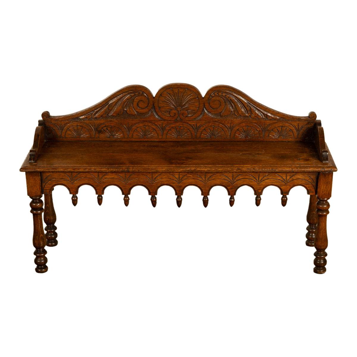 Antique English 19th Century Victorian Carved Oak Hall Window Seat Bench 1890