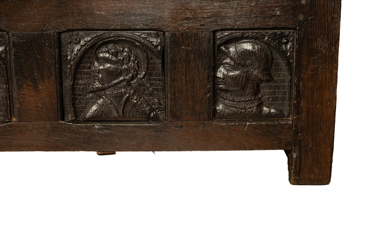 Antique French Brittany Carved Oak Bench with 16th Century Portrait Panels 1560