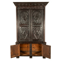 Antique Elizabethan Carved Oak Revival Livery Housekeepers Cupboard Cabinet 1860