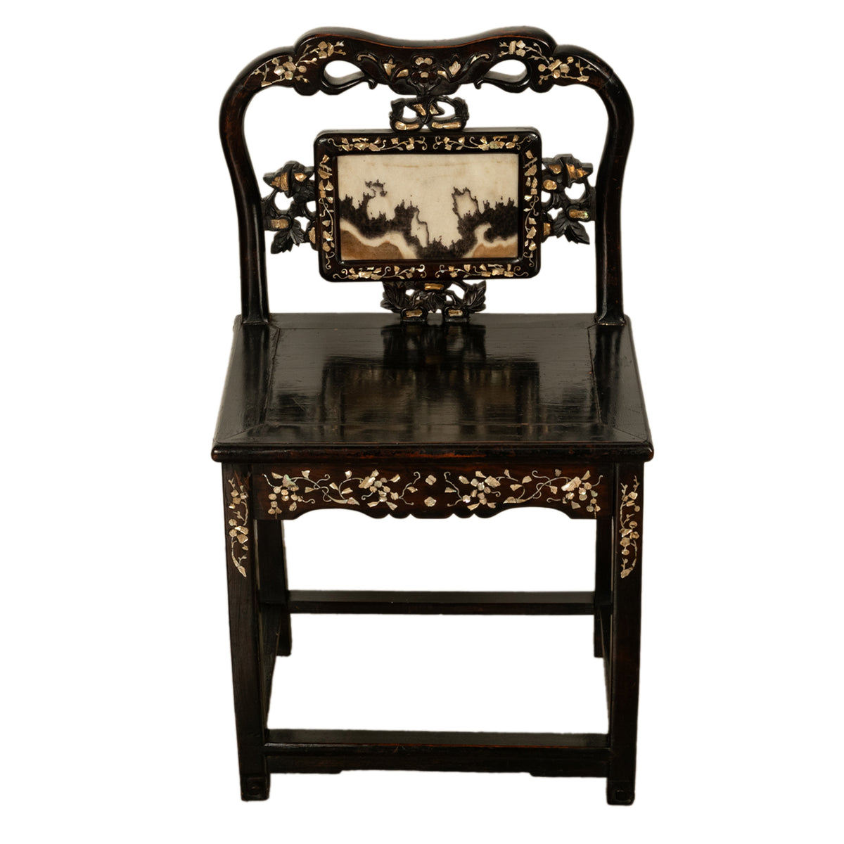 Antique Chinese 19th C Qing Dynasty Inlaid Dreamstone Mother of Pearl Chair 1850