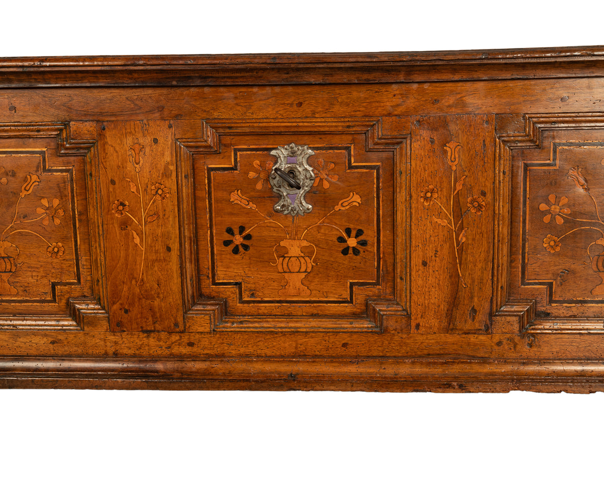 Antique German Baroque Inlaid Marquetry Dowry Chest Coffer Trunk Seat Bench 1700