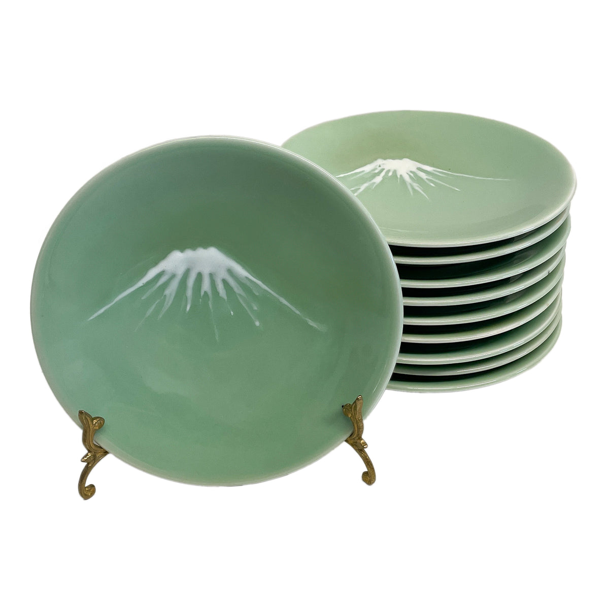 Antique Set of Ten Japanese Nabeshima Mt Fuji Celadon Pottery 8.5" Plates 1900