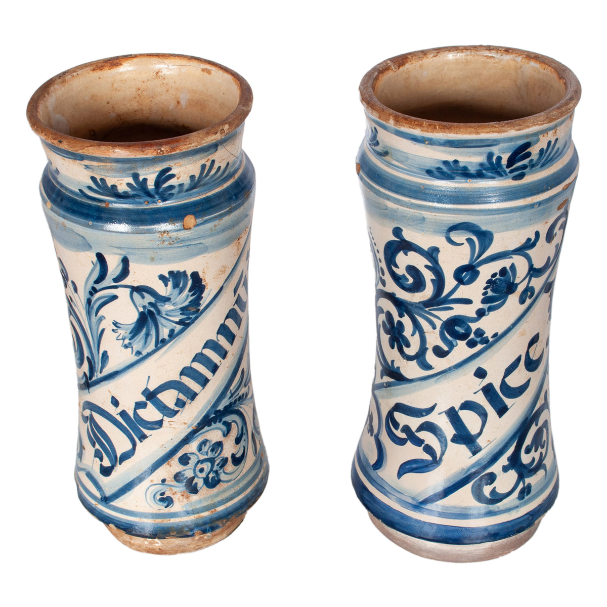 Pair Antique 17th Century Spanish Blue & White Pottery Albarelli Apothecary Jars 1680