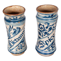 Pair Antique 17th Century Spanish Blue & White Pottery Albarelli Apothecary Jars 1680