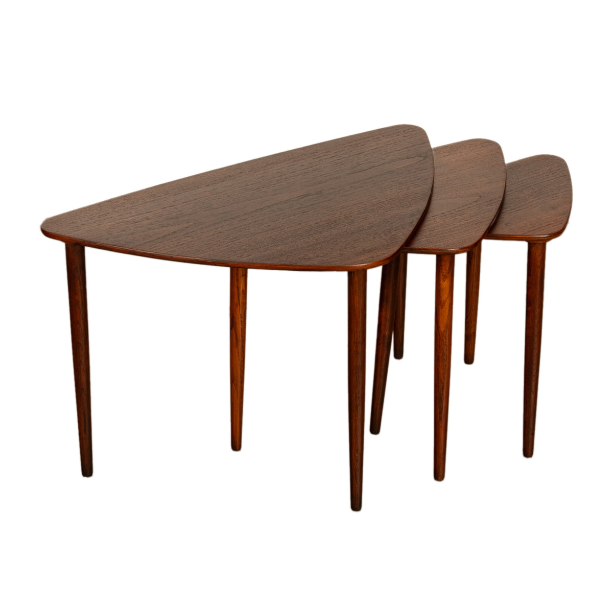 Danish Teak Mid Century Modern 'Guitar Pick' set of 3 Nesting Tables by Mogens Kold Mobelfabrik 1960s