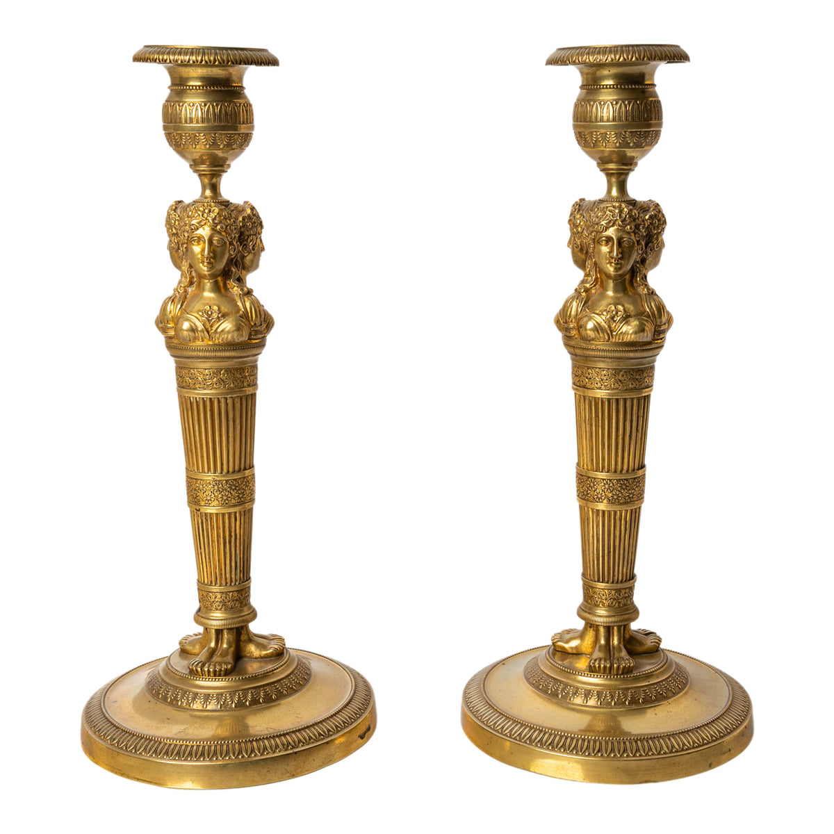 Pair Antique Early 19thC French Empire Neoclassical Gilt Bronze Candlesticks