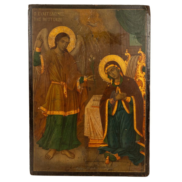 Antique Greek Orthodox Icon "The Annunciation of Mary" Egg Tempera Gilt 1750