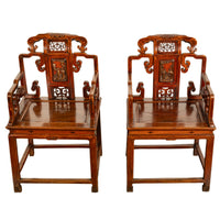 Pair Antique Ming Style Chinese Qing Carved Hardwood Gilt Lacquer Throne Chairs