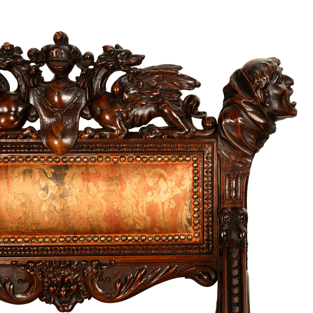 Antique Italian Hand Carved Walnut Renaissance Dragon & Knight Throne Chair 1880