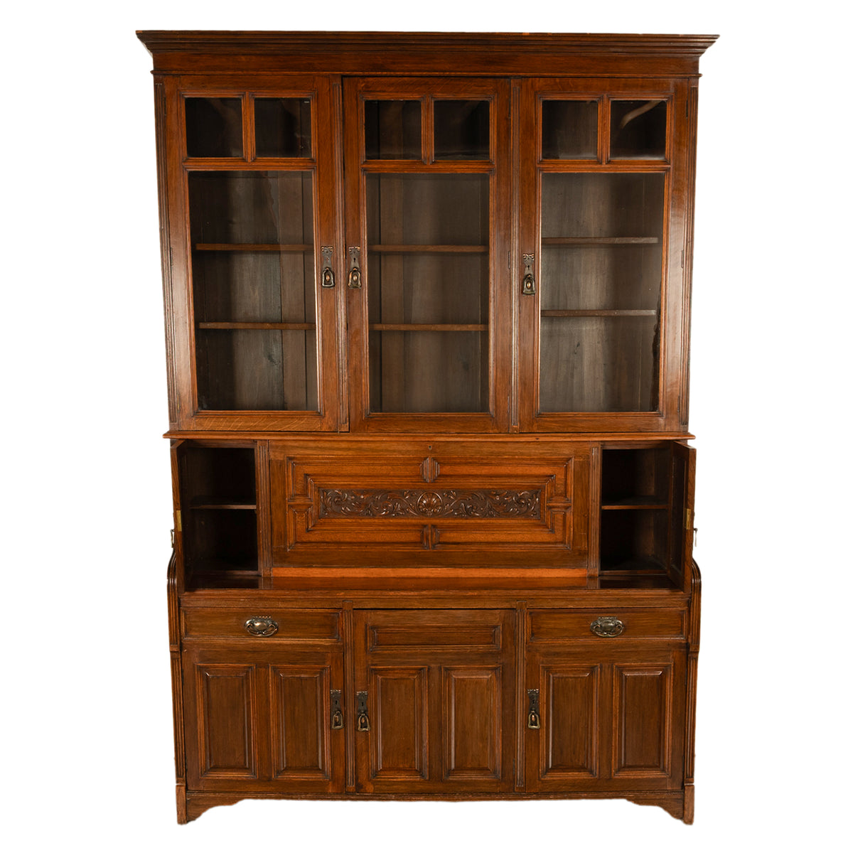 Antique Victorian Art Nouveau Carved Oak Secretary Bookcase Bibliotheque 1890