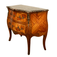 Antique French Louis XV Marble Top Ormolu Bombe Shape Inlaid Tulip-Wood Commode 1900