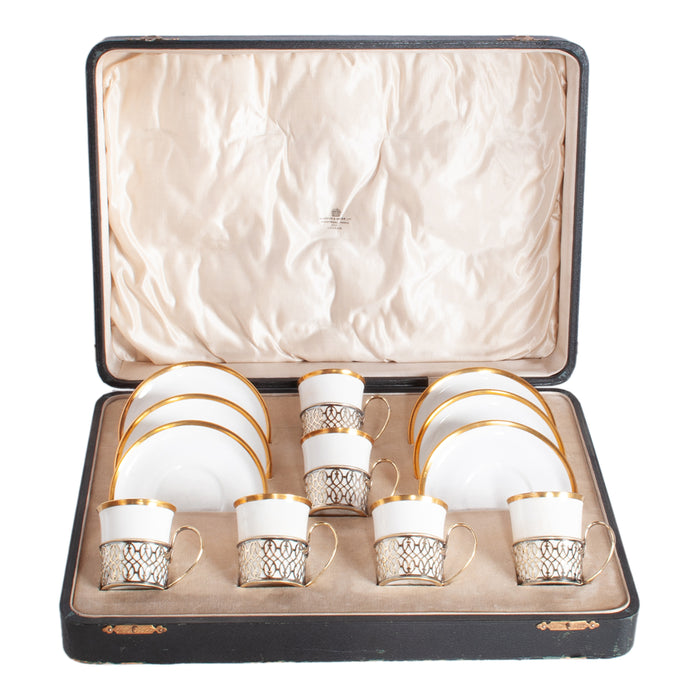 Antique Set of 6 Shelley China Demitasse Cups Saucers Sterling Silver Mappin Webb Birmingham 1919