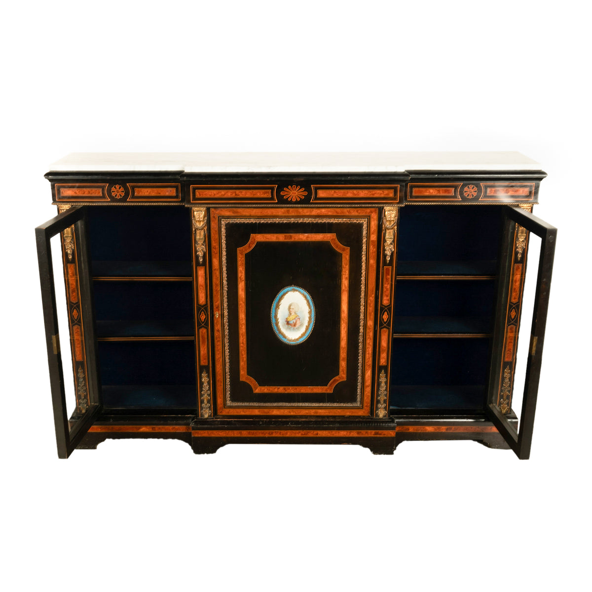 Antique French Napoleon III Ebony Ormolu Marble Sevres Porcelain Inlaid Credenza Cabinet 1860