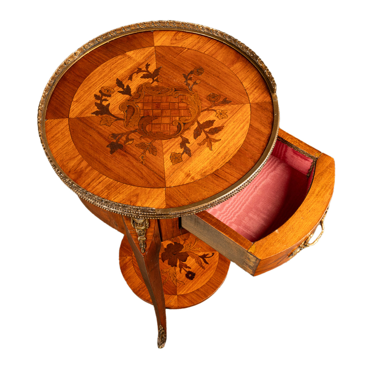 Antique French Louis XV Walnut & Ormolu Marquetry Circular Side Table Stand 1890
