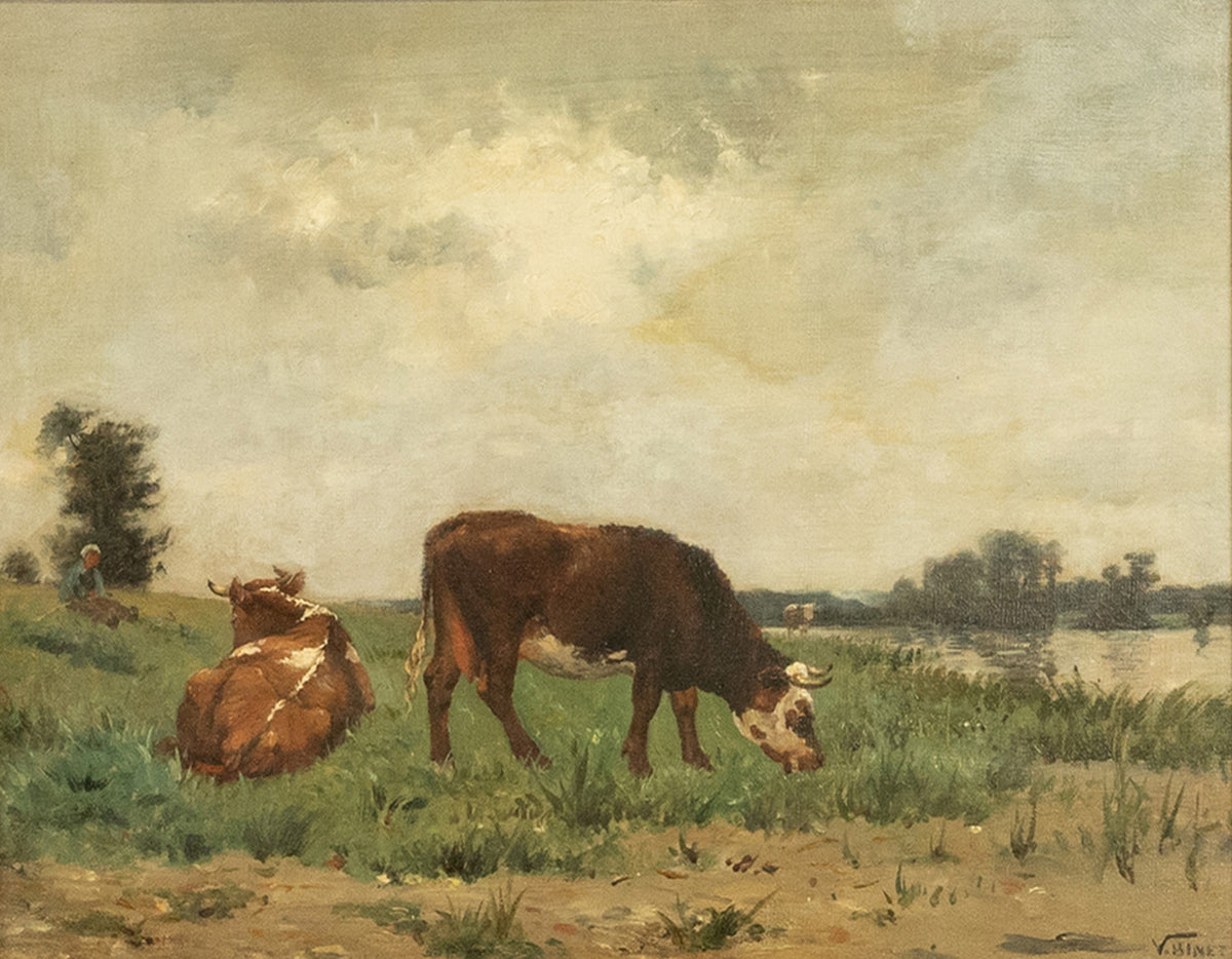 Antique French Oil on Canvas Painting Barbizon School Landscape Cows by Victor Jean Binet 1875