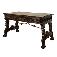 Antique Spanish Baroque Hand-Carved Walnut & Iron Trestle Desk & Chair 1860