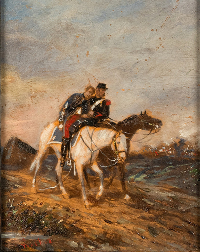 Antique Miniature Oil Painting on Panel French Battle Cavalry Horse Scene by James Alexander Walker 1875