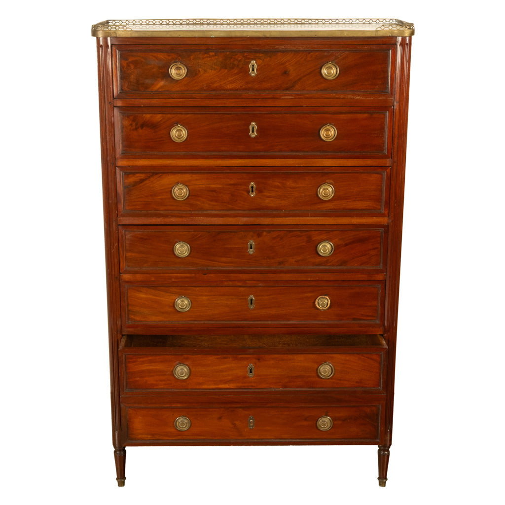 Tall Antique 19thC French Louis XVI Semainier Mahogany Marble Chest Drawers 1880