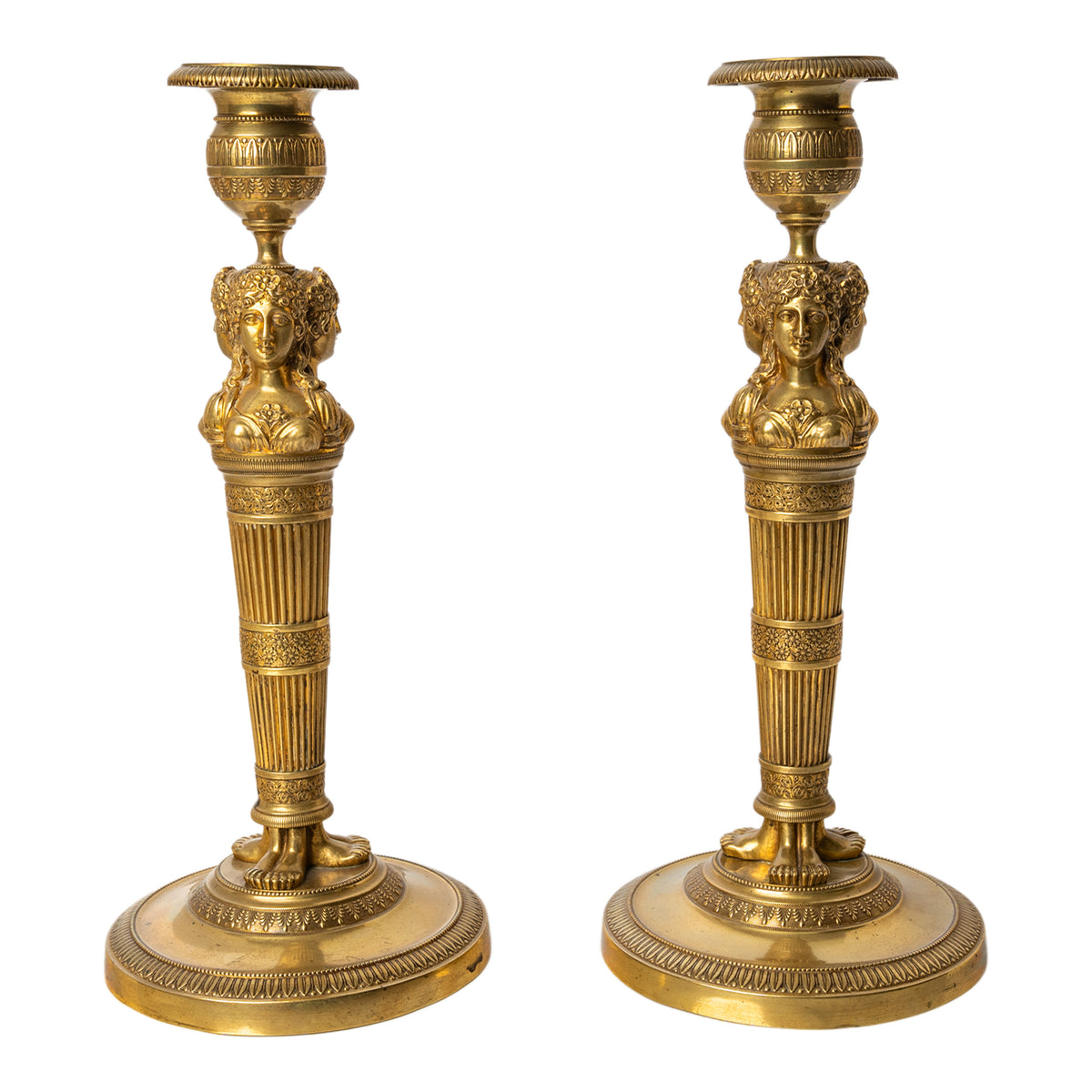 Pair Antique Early 19thC French Empire Neoclassical Gilt Bronze Candlesticks