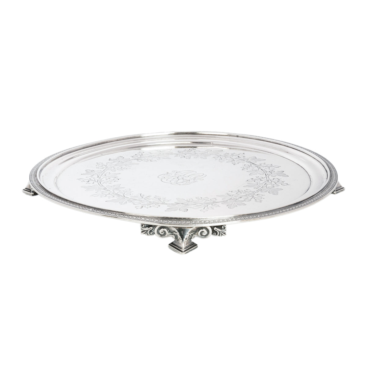 Antique Engraved Sterling Silver Tiffany & Co Footed Salver Tray New York 1870