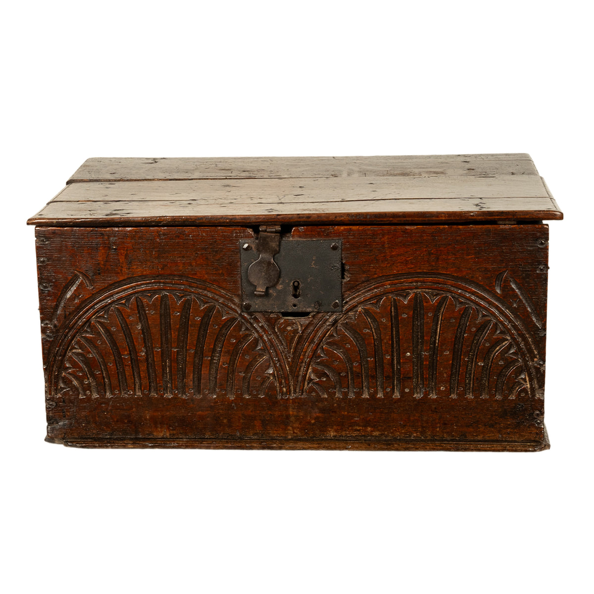 Antique 17th Century Charles II Carved Oak Bible Document Box 6 Plank Trunk 1680