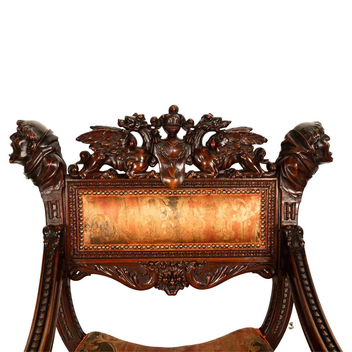 Antique Italian Hand Carved Walnut Renaissance Dragon & Knight Throne Chair 1880