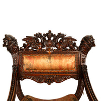 Antique Italian Hand Carved Walnut Renaissance Dragon & Knight Throne Chair 1880