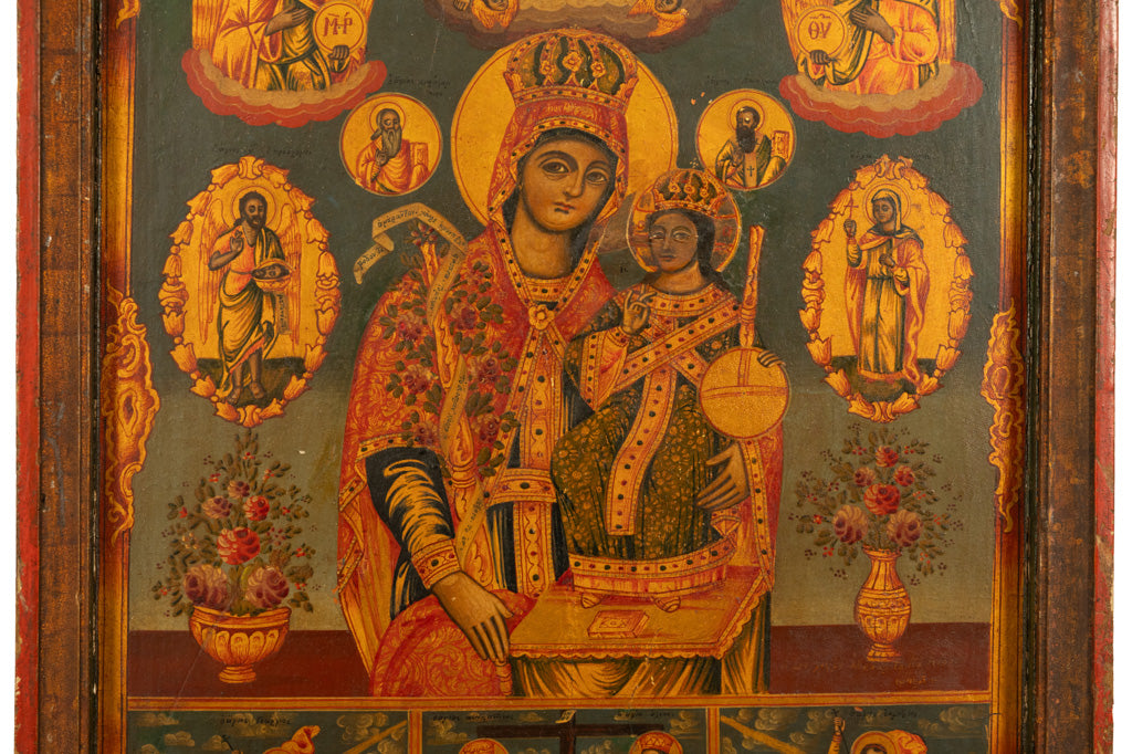 Antique 19th C Greek Orthodox Icon Virgin Mary & Jesus St. George & Dragon 1800