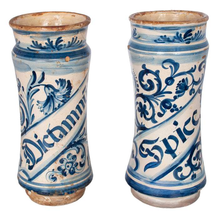 Pair Antique 17th Century Spanish Blue & White Pottery Albarelli Apothecary Jars 1680