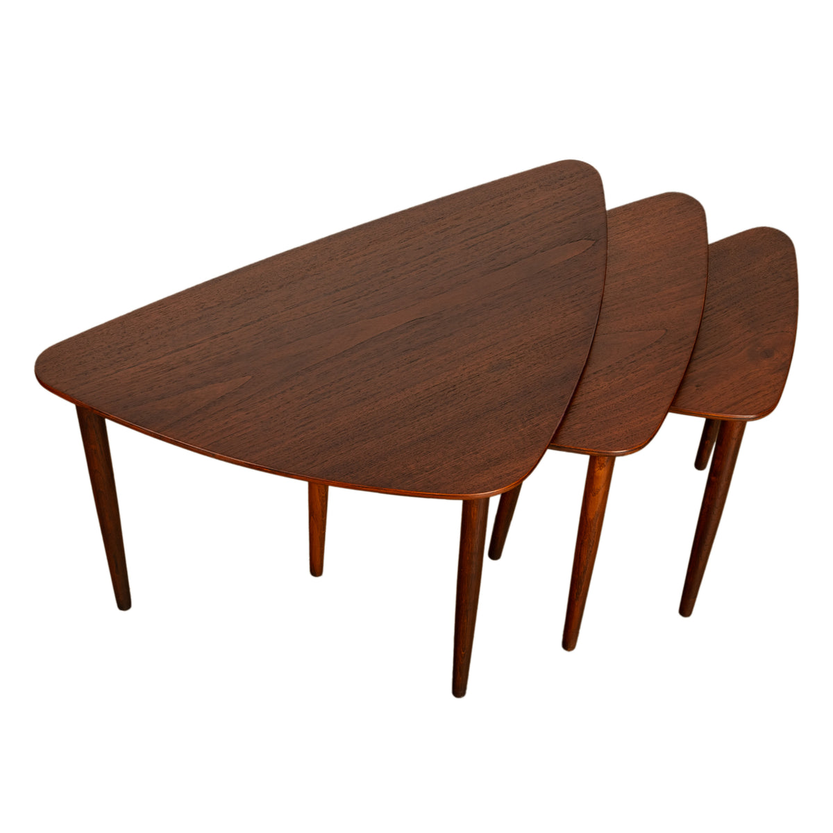 Danish Teak Mid Century Modern 'Guitar Pick' set of 3 Nesting Tables by Mogens Kold Mobelfabrik 1960s